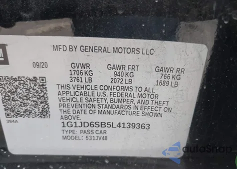 2020 Chevrolet Sonic Fwd Lt 5-Door из США, поврежденный, VIN 1G1JD6SB5L4139363